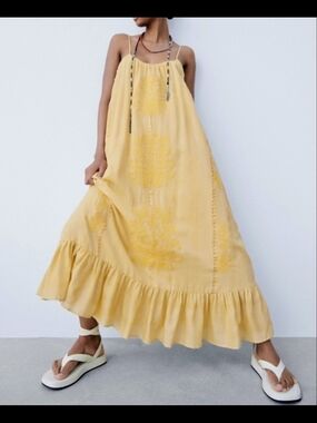 Zara Womens Maxi Dress Embroidered, BOHO, Golden, Flowy